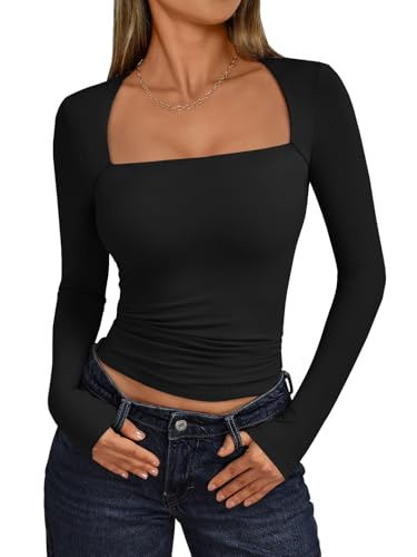 Trendy Queen Womens Long Sleeve Shirts Going Out Tops Square Neck Crop Workout Tops