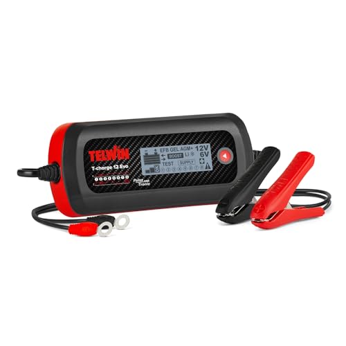 Telwin T-Charge 12 EVO: Caricabatterie, Mantenitore di Carica Elettronico e Tester Multifunzione 6/12V con Schermo LCD, per tutti tipi di batterie di Veicoli, Auto, Moto. IP65. Cavi inclusi.