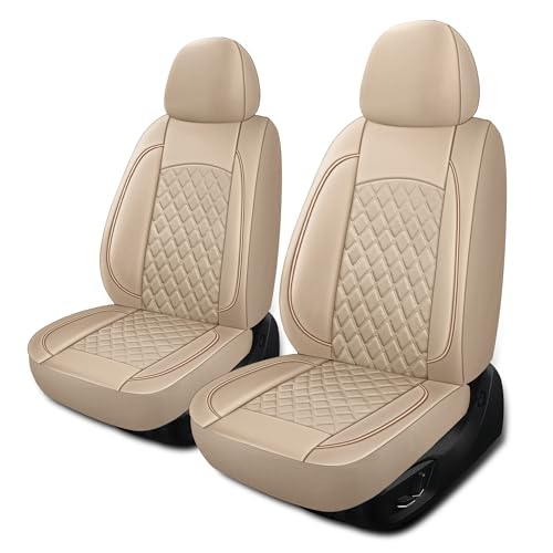 HChengkikz Leather Seat Covers Breathable and Waterproof Napa Leather Car Seat Cover Universal Interior for Cars Sedans SUVs Vans Trucks (Front Seat Beige)