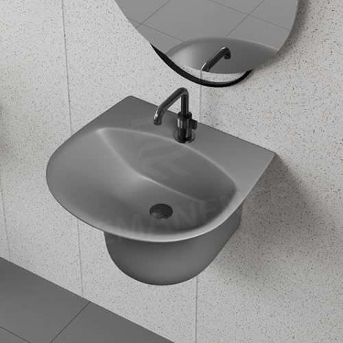 Image of REMANENCE Luxury Wall Mount Half Pedestal Wash Basin for Bathroom | Designer Wall Hung Basin | Wall Mounted Washbasin for Resturent, Hotels (16 x 16 x 11 Inch) (Matte Grey)