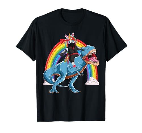 Ninja Unicorn Riding TRex Dino Rainbow For Kids Girls Boys Maglietta