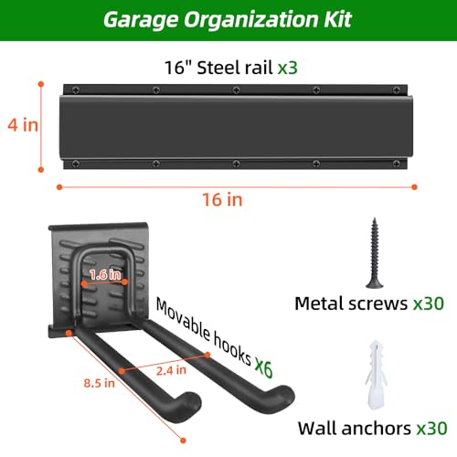 Image of PIYILO Garage Organization, Garage Wall Organizer with 48 inches Rails and 6 Hooks, Tool Organizers Heavy Duty, Shovel Holder Wall Mount Max Load 360 LBS, Sturdy Garden Tool Rack for Folding Chairs