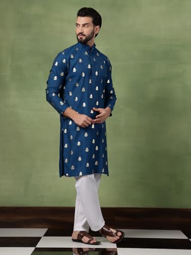Image of SOJANYA (Since 1958 Men's Cotton Long Kurta with Golden Floral Motif Print