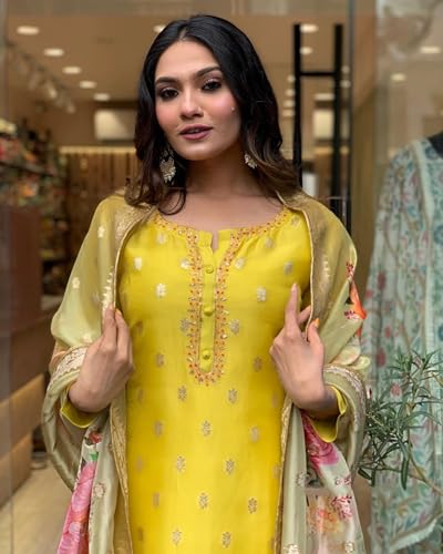 Image of Women's Viscose organza Solid 3 /4 Sleeve Round Neck Embroidered Kurta, Pant and Dupatta-Lemon-yellow-JT-045
