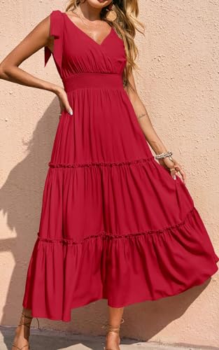 Image of PRETTYGARDEN Women's Cross Neck Summer Sleeveless Tiered Maxi Dress Beach Tie Strap Smocked Long Dresses Pleated Sundress