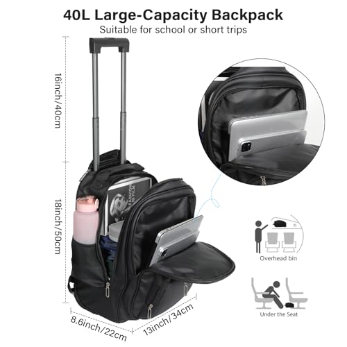 Rolling Backpack for School Teen Boys Girls,Waterproof Black Backpack with Wheels,Large Travel Backpack for Short Trips,18 inch4