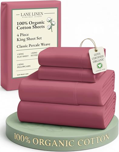 Image of LANE LINEN 100% Organic Cotton Bedsheets King Size Bed, Soft & Comfy Luxury Hotel Style Percale Cooling Sheets King Size, Oeko Tex Certified Sustainably Produced Cotton Sheets- Mineral Red