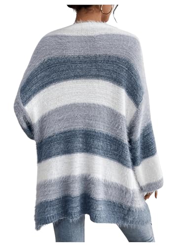 GORGLITTER Women's Colorblock Open Front Fuzzy Cardigan Long Sleeve Knit Coat with Pockets2