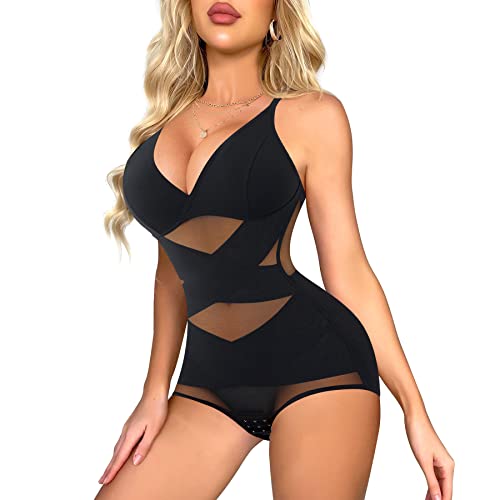 Irisnaya Shaping Bodysuit Shapewear For Women Tummy Control Waist Trainer Full Body Shaper Under Dress V Neck Bra Jumpsuit Top (X-Large,Black) #TOP17