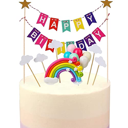Décoration de gâteau arc-en-ciel en forme de nuage avec bannière « Happy Birthday » et étoiles de couleurs mélangées pour gâteaux d'enfants, fête prénatale, fête d'anniversaire Cover