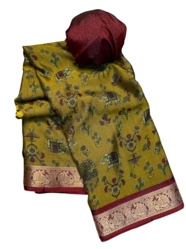 Image of Kalamkari Floral Prints Dola Silk Saree With Rich Zari Border Designer Pallu Attach Blouse Piece