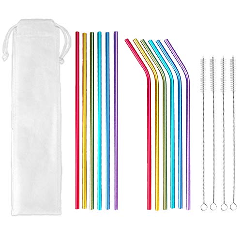 12 Pcs Reusable Metal Straws, Drinking Straws, Aluminum Straws, Smoothies Straws, Rainbow Colorful Straws for Party, Included Cleaning Brushes