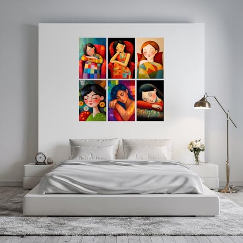 Image of SiddArtify Modern Portrait Wall Art Poster Print Set - Colorful Woman Sleeping Prints for Living Room Bedroom Decor - 12x18 inch Sticker Pack of 6
