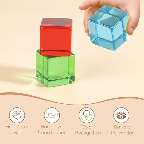 Image of Woodtoe Large Building Blocks for Toddlers, Montessori Stacking Toys for 1 2 3 4 Year Old Baby Boys Girls, No Choking Hazard, Big Acrylic Gem Cubes Rainbow Blocks, STEM Sensory Toy Gifts for Kids 1-3