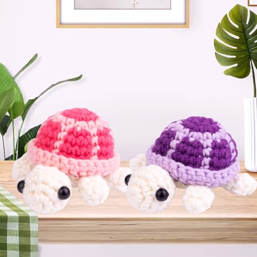 Image of Funny Crochet Turtle Doll, Handmade Emotional Support Knitting Wool Turtle Animal Gift Car Ornament with Positive Affirmation Card for Car Home Office(Purple)