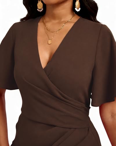 Image of Women's Wrap V Neck Asymmetrical Hem Midi Ruched Cocktail Evening Dress | Back Zipper, Regular Fit, Club Night, Semi Office Formal, Wedding Dinner Date, Flutter Short Sleeve, High Low Irregular Hem