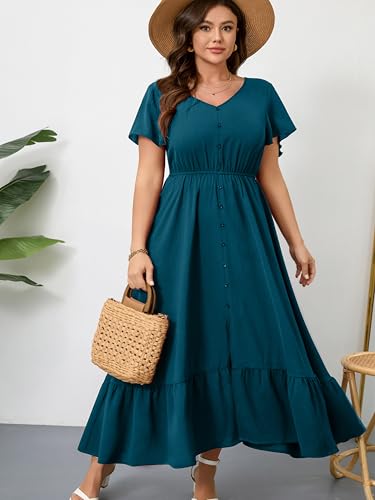 Image of RWJ Women Plus Size Maxi Dress V Neck Short Sleeve Button Trim Split Flowy Tiered Casual Long Dresses 2025 L-3XL