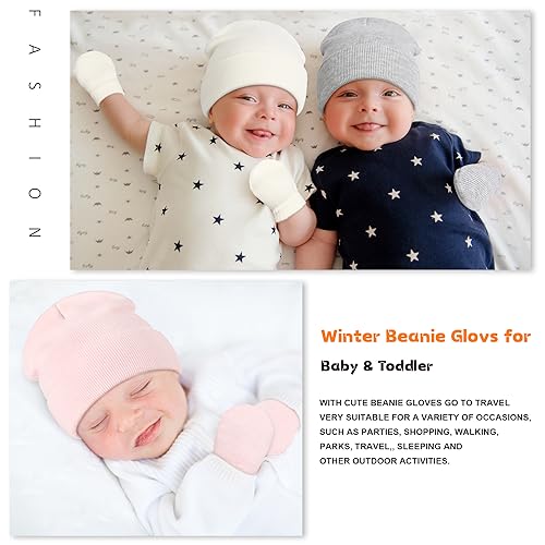 Image of Baby Beanie Hat Gloves Set, Kids Winter Warm Knit Hat with glvoes,Toddler Soft Beanie for Little Boys Little Girls Children