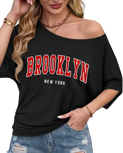 Image of Hilinker Womens Sexy Off The Shoulder Tops Short Batwing Sleeve T Shirt Oversized Casual Tee