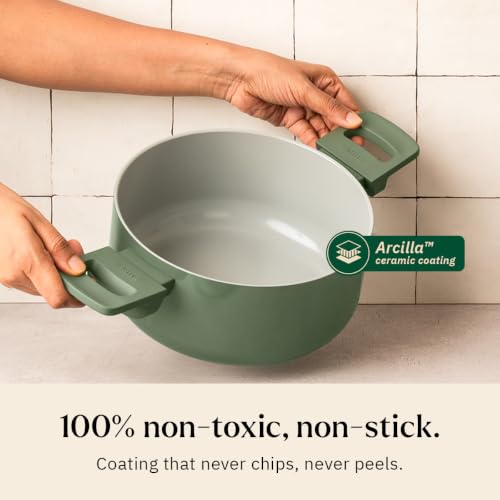 Image of Ember Cookware Arcilla Ceramic Dutch Oven 20 cm, 2.6L with Glass Lid | 75% Less Oil Usage | Lightweight, Non Toxic Pot | ISI Certified | Ceramic Cookware | Biryani Pot | PFAS & PTFE Free | Green