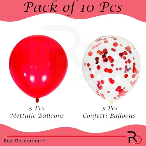 Image of Rozi Decoration Glow Red Metallic & Confetti Balloon Set - 10 Pcs | Romantic Party Balloons for Birthday, Valentine's Day, Anniversary, Wedding & Celebration Decorations
