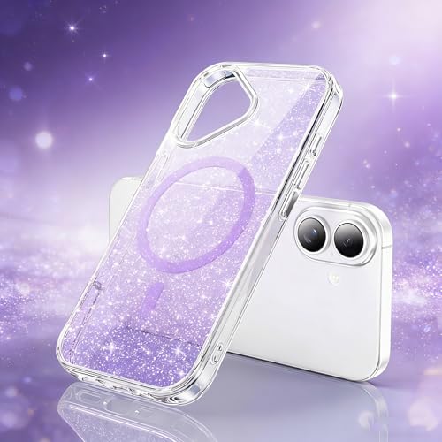 Coque iPhone 16 Plus violette pailletée et transparente compatible MagSafe