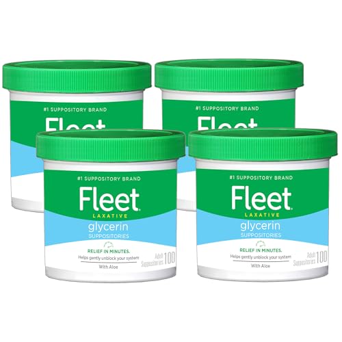 Fleet Glycerin Suppositories for Constipation Relief, Fast and Effective Stimulant-Free Laxative with Aloe Vera, 100 Count Jar, Pack of 4