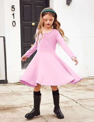 image for Arshiner Girls' Cotton Long Sleeve Twirly Skater Party Dress, Pink, 11
