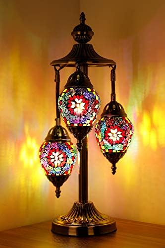 Marrakech 3 Globe Turkish Table Lamp Tiffany Style Mosaic Glass Moroccan Lantern Bedside Light for Living Room Bedroom (Multi-Colored)