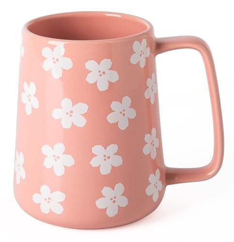 TaoTaojarvie Ceramic Coffee mugs, 24 oz, Extra Large Mugs, Big Tea&Coffee Cups, Large Handle, Floral Pattern,Pottery Mugs,Wide Bottom Coffee Mug for Office/Home, Microwave and Dishwasher Safe. (Pink)