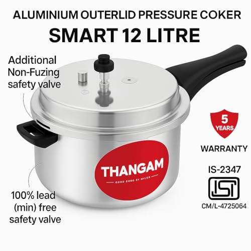 Image of Thangam 12 Litre Aluminium Pressure Cooker | Heavy Gauge Cooker for Gas Stove | Durable Virgin Aluminium Body | Fast Cooking Silver Kitchen Cookware