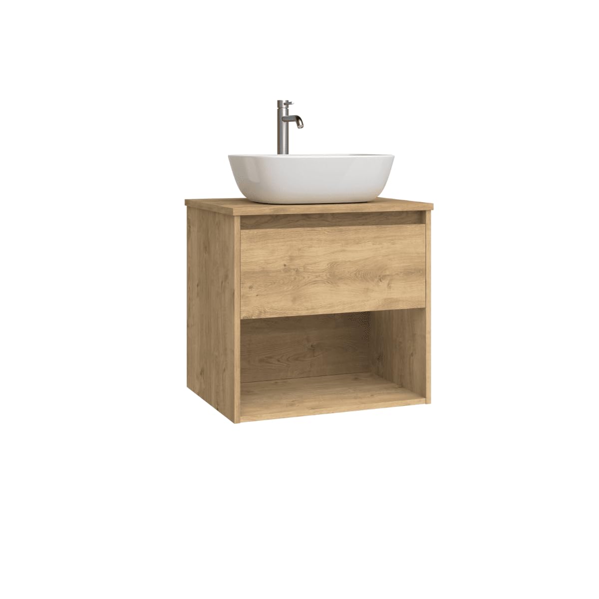 Mueble de Baño Suspendido con Lavabo Sobreponer Cerámico| Mueble Volado 1 Cajón y 1 Hueco | 60 cm Roble Natural