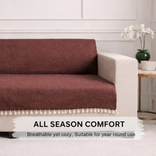 Image of STITCHNEST Jute Sofa Cover - Copper, 48x60 Inch | Soft Textured Fabric with Tassel| Full Coverage Sofa for Living Room Decor