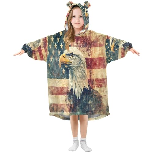 PYBUG American Flag Eagle Oversized Blanket Hoodie with Pocket Wearable Warm and Cozy Blanket Sweatshirt for Boys Girls,L