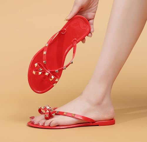 Image of Studded Jelly Shoes for Womens Bow Flip Flops Jellies Sandals Flat Black Summer Beach Thong with Rivets Strappy Slides Slip On