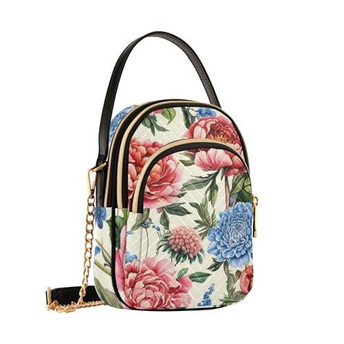 Rose Peony Pink Blue Florals Single Shoulder Handbags Chain Wallet Cell Phone Purse Floral Print Zipper Bowler Tote Ladies Satchel, 5.9" × 8.3" × 3.1"2