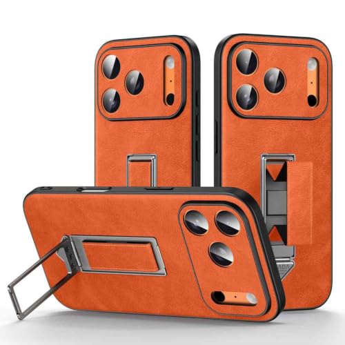 Étui en cuir orange pour iPhone 17 Pro avec dragonne et protection caméra