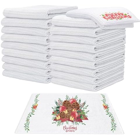 YOUKE OLA 20 Pack Sublimation White Towels Waffle Weave Kitchen Towels Blanks Microfiber Dish Drying Towel for Heat Transfer 16x24 Inch Cover