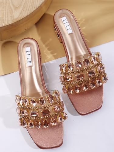 Image of ELLE Women's Embellished Gemstone Sandal - Low Heel Glamour Wedding Sandals