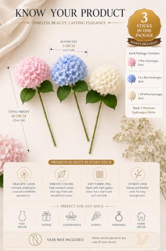 Image of Divyakosh 3 Hydrangea Flower Sticks (Vases Not Included), Artificial Flowers Bunch, Artificial Flower for Vase, Luxury Floral Arrangement, Living Room Office Dining Table Centerpiece Home Decor
