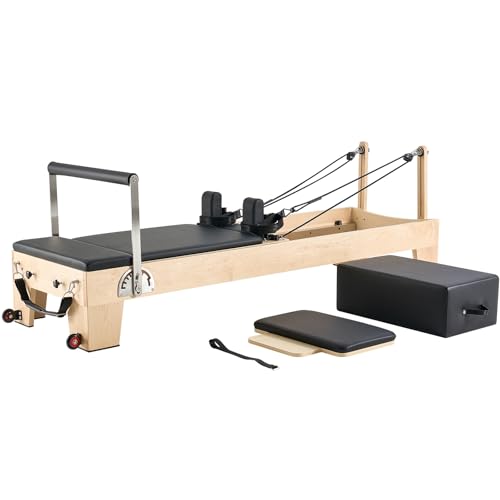 VEVOR Pilates Reformer Machine, Wooden Pilates Workout Equipment for Home Gym Studio Use, Pilates Bed with Dual Resistance- Spring & Cord, Reformer Set with Sitting Box, Up to 400 LBS
