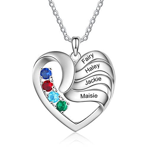 ALBERTBAND Personalisierte Mutter-Tochter Herz Halskette 2/3/4/5 Simulierte Birthstones 925 Sterling Silber Mutter Kind Halskette für Ehefrau und Tochter (4 Steine)