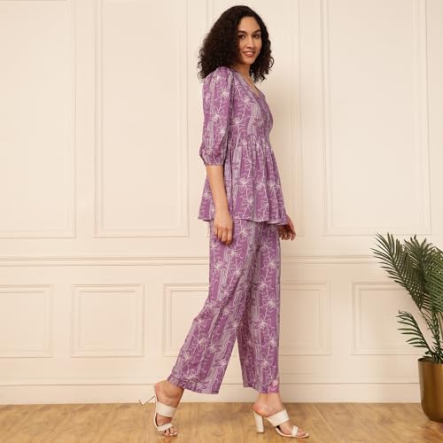 Image of DEEBACO Women's Rayon Peplum Top & Straight Pants Co-Ord Set for Women|Flared Tunic V-Neck & 3 /4 Puff Sleeve Ladies Party Casual Wear Fashionable for Girls Relaxed Fit Cord Set