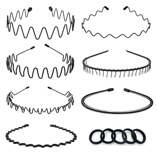 Hair Bands for Mens, Black Zig Zag Headband,Wavy Metal Hairbands for Boys, Unisex Outdoor, Sports, Weddings and Daily Wear. (8 Pcs)