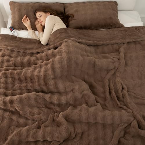 VELLUBAM Heated Blanket Full Size Faux Rabbit Fur Bubble Camel - Fuzzy Soft Electric Blanket with 6 Heating Levels & 10 Timer Settings Room Home Dorm Decor Gifts for Women ETL Certified (72 x 84)
