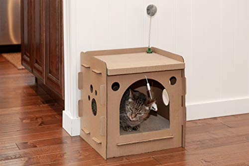 Image of Furhaven Pet Furniture for Cats and Kittens - Tiger Tough Modern Condo Corrugated Cat Scratcher Playhouse Hideout with Catnip, Cardboard (Brown), One Size