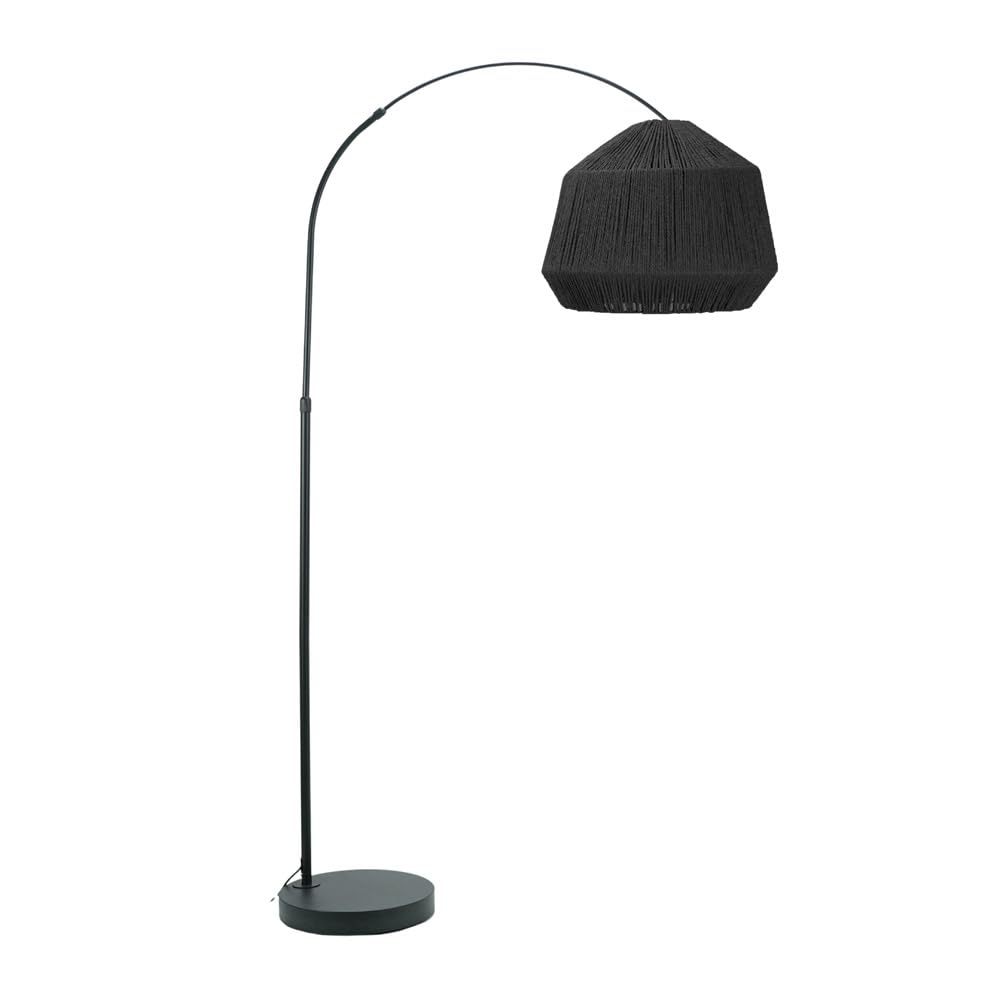 ValueLights Black Metal Arched Stem Curved Arm Floor Lamp with Black Rope Shade for Living Room Lounge - LED Bulb Included
