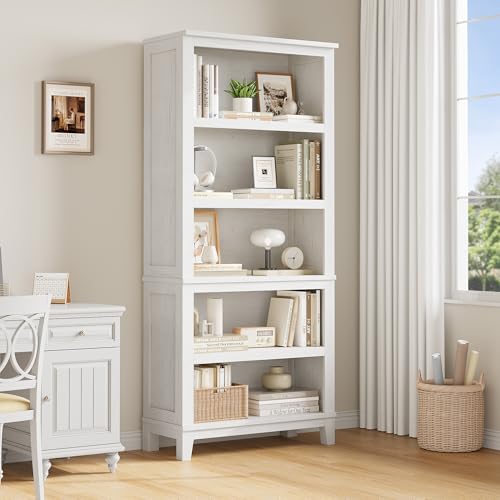 GarveeHome Wooden Bookcase 5 Tier Storage Bookshelf Farmhouse Bookshelves Rustic Vintage Etagere for Home Office,Living Room,Bed Room,White