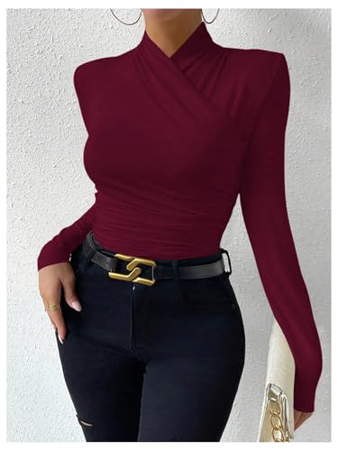 Image of SweatyRocks Women's Ruched Mock Neck Long Sleeve T Shirt Solid Slim Fitted Tee Tops