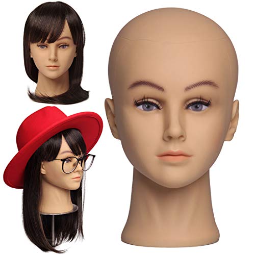 NEWSHAIR Bald Mannequin Head with Eyelash Female Wig Head Professional Cosmetology for Wig Making and Display Hat Helmet Glasses or Masks Display Head Model with Free T-Pins